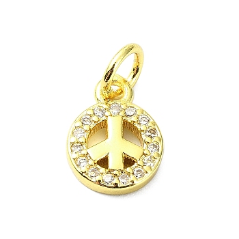 Brass Micro Pave Cubic Zirconia Pendants, with Jump Ring, Real 18K Gold Plated, Peace Sign Charm, Clear, 10.5x7.5x2mm, Hole: 3mm