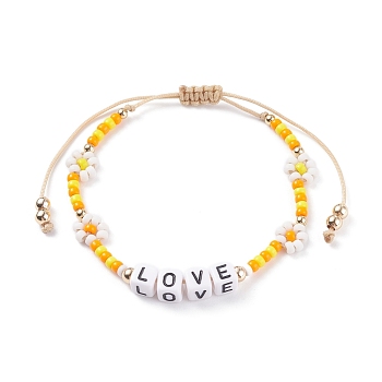 Love Word Acrylic Cube Braided Beaded Bracelets, Adjustable Flower Glass Seed Bead Bracelets, Gold, Inner Diameter: 2~3-7/8 inch(5~9.9cm)