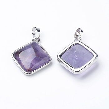 Natural Amethyst Pendants, with Brass Findings, Rhombus, Platinum, 25x29x7mm, Hole: 5x7mm, 18x18mm