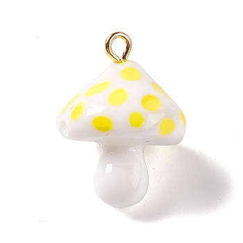 Opaque Resin Pendants, 3D Mushroom Charms, with Light Gold Tone Iron Loops, Yellow, 24.5~25.5x18mm, Hole: 2mm