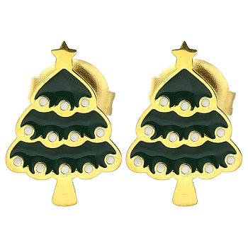 Ion Plating(IP) 304 Stainless Steel Enamel Stud Earrings, Real 14K Gold Plated, For Christmas, Christmas Tree, 13x9mm