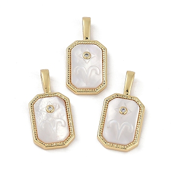 Rack Plating Brass Micro Pave Cubic Zirconia Pendants, with Shell, Long-Lasting Plated, Lead Free & Cadmium Free, Real 18K Gold Plated, Sheild with Twelve Constellations, Aries, 20.5x10x2.5mm, Hole: 4.5x2mm