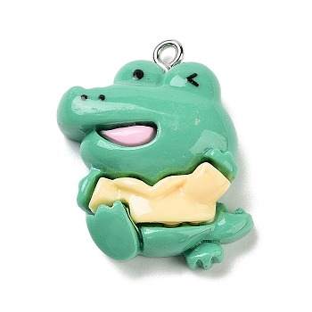 Opaque Resin Pendants, Animal Charms with Platinum Tone Iron Loops, Medium Sea Green, Crocodile, 27x23x8mm, Hole: 2mm