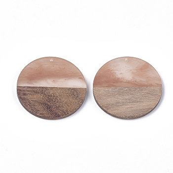 Resin & Walnut Wood Pendants, Flat Round, Dark Salmon, 38x3.5mm, Hole: 2mm