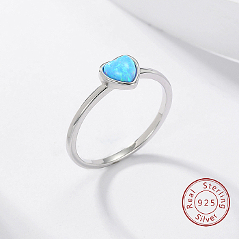 Light Sky Blue Synthetic Opal Heart Finger Ring, 925 Sterling Silver Rings, Silver, Inner Diameter: 18mm