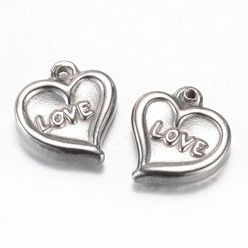 201 Stainless Steel Charms, Heart with Word Love, Valentine's Day, Stainless Steel Color, 12.8x12x3mm, Hole: 1.5mm