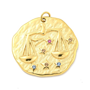 Real 18K Gold Plated PVD Vacuum Plating 304 Stainless Steel Pendants, with Rhinestone and Jump Ring, Flat Round with Constellations Charms, Libra, 20~21.8x20~21x2~3mm, Hole: 2mm