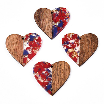 Transparent Resin & Walnut Wood Pendants, with Gold Foil, Heart Charms, Red, 37x39x3mm, Hole: 2mm
