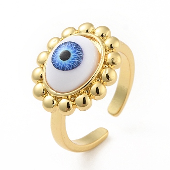 Acrylic Sun with Evil Eye Open Cuff Ring, Real 18K Gold Plated Brass Jewelry for Women, Cadmium Free & Lead Free, Blue, US Size 6 3/4(17.1mm)