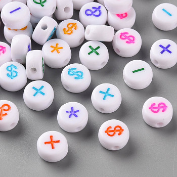 Craft Style White Acrylic Hashtag Beads, Flat Round with Mixed Color English Character, Mixed Color, 7x3.5mm, Hole: 1.5mm, about 454pcs/50g.