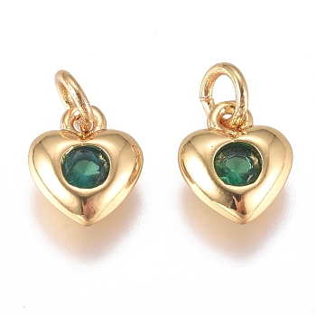 Brass Micro Pave Cubic Zirconia Charms, with Jump Ring, Long-Lasting Plated, Heart, Golden, Green, 8x6.5x2mm, Hole: 3mm