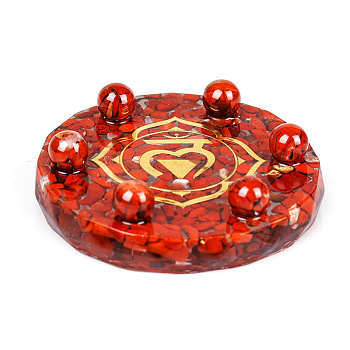 Resin Chakra Round Display Decoration, with Natural Red Jasper Chips inside Statues for Home Office Decorations, 100x25mm
