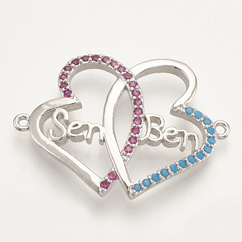 Brass Micro Pave Cubic Zirconia Links, Heart with Word, Colorful, Platinum, 20.5x29x3mm, Hole: 1mm