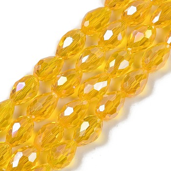 Transparent Electroplate Glass Beads Strands, AB Color Plated, Faceted, Teardrop, Gold, 8x6mm, Hole: 1.2mm, about 65~67pcs/strand, 20.08''(51cm)