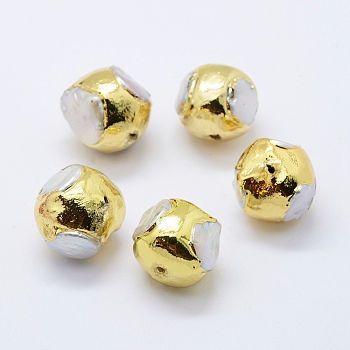 Natural Cultured Freshwater Pearl Beads, Edge Golden Plated, Round, White, 19~21x18~22mm, Hole: 2mm