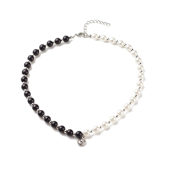 Alloy Yin Yang Charm Necklace with Plastic Imitation Pearl Beaded for Women, Black and White, 16.38 inch(41.6cm)