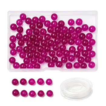 100Pcs Natural White Jade Beads, Round, Dyed, with Strong Stretchy Beading Elastic Thread, Flat Crystal Jewelry String for Jewelry Making, Medium Violet Red, 8mm, Hole: 1mm