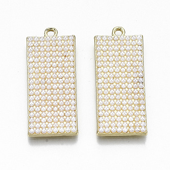 Alloy Pendants, with ABS Plastic Imitation Pearl, Cadmium Free & Lead Free, Rectangle, Light Gold, 32x13.5x2.5mm, Hole: 1.6mm