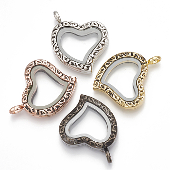 Alloy Magnetic Locket Pendants, with Glass, Heart, Mixed Color, 34x29x8mm, Hole: 5mm, Inner Measure: 16x20mm