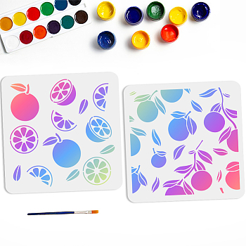 US 2Pcs 2 Styles PET Hollow Out Drawing Painting Stencils, for DIY Scrapbook, Photo Album, Flower, with 1Pc Art Paint Brushes, Fruit Pattern, 300x300mm, 1pc/style