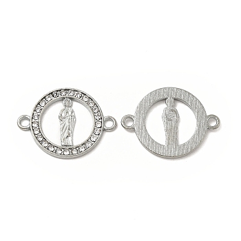 Alloy Connector Charms with Rhinestone, Flat Round Links with Saint, Religion, Nickel, Platinum, 18x24x1.5mm, Hole: 2mm