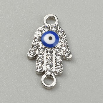 Alloy Evil Eye Enamel Link Connectors, with Crystal Rhinestone, Platinum, Palm Pattern, 18.5x10.5x2mm, Hole: 1.8mm