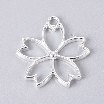 Alloy Open Back Bezel Pendants, For DIY UV Resin, Epoxy Resin, Pressed Flower Jewelry, Sakura, Silver Color Plated, 27x25.5x2mm, Hole: 2mm
