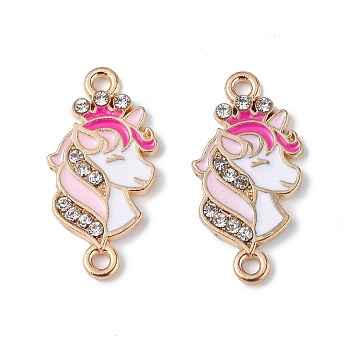 Alloy Enamel Connector Charms, Unicorn Links with Crystal Rhinestone, Light Gold, Cadmium Free & Nickel Free & Lead Free, Pink, 23x11.5x2mm, Hole: 1.6mm