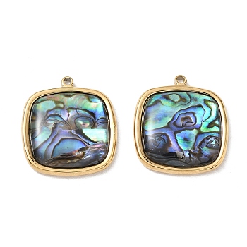 Natural Paua Shell Pendants, Square Charm, with 304 Stainless Steel Findings, Ion Plating(IP), Long-Lasting Plated, 23x20.5x4.5mm, Hole: 1.6mm