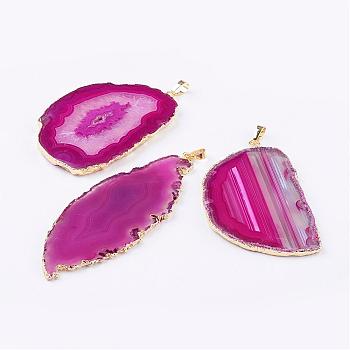 Natural Agate Big Pendants, with Brass Findings, Nuggets, Golden, Magenta, 59~91x32~65x3~6mm, Hole: 5x7mm