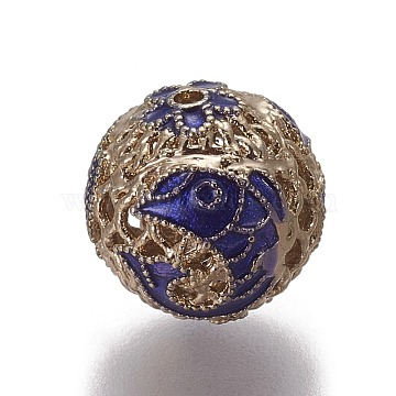 Alloy Enamel Beads, Round with Dolphin, Light Gold, Blue, 10.5mm, Hole: 1mm(ENAM-ZH10605-01)