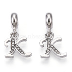 Platinum Rack Plating Alloy Rhinestone European Dangle Charms, Large Hole Pendants, Letter, Cadmium Free & Lead Free, Letter.K, 23~27mm, Hole: 4.5mm, Pendants: 13~16.5x6~14x2mm, hole: 2mm(PALLOY-T048-36P-K)