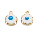 Brass Enamel Charms, with Jump Ring, Real 18K Gold Plated, Long-Lasting Plated, Lead Free & Nickel Free & Cadmium Free, Flat Round with Evil Eye, White, 13x10x2.5mm, Hole: 1.2mm(KK-C223-16G-01)