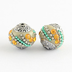 Handmade Indonesia Beads, with Light Topaz Rhinestones and Alloy Cores, Round, Antique Silver, Dark Khaki, 14~16x14~16mm, Hole: 1.5mm(IPDL-R437-01)