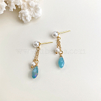 Brass Teardrop Dangle Stud Earrings, with Glass & Imitation Pearl, Golden, Turquoise, 50mm(FS-WG0CE55-13)