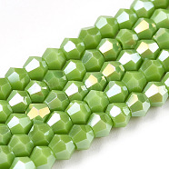 Opaque Solid Color Electroplate Glass Beads Strands, AB Color Plated, Faceted, Bicone, Yellow Green, 2.9~3.3x2.5mm, Hole: 0.7mm, about 145~150pcs/strand, 16.34~16.54 inch(41.5~42cm)(EGLA-A039-P2mm-B21)