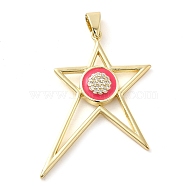 Real 18K Gold Plated Brass Clear Cubic Zirconia Pendants, with Enamel, Star, Deep Pink, 40x29x3.5mm, Hole: 6.5x3.7mm(KK-A198-23G-02)