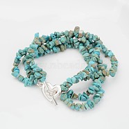 Chip Natural Turquoise(Dyed) Beaded Multi-Strand Bracelets, with Metal Alloy Bar & Ring Toggle Clasps and Brass Findings, 200x13mm(BJEW-JB02321-01)