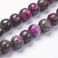 Natural Pyrite Beads Strands, Dyed, Round, Magenta, 6mm, Hole: 1mm, about 32pcs/strand, 8 inch(G-K181-6mm-H02)