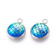 Resin Pendants, with 304 Stainless Steel Finding, Flat Round with Mermaid Fish Scale Shaped, Stainless Steel Color, Deep Sky Blue, 18x14x3.5mm, Hole: 2mm(RESI-L024-06)