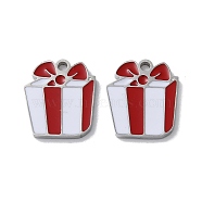 304 Stainless Steel Charms, with Enamel, Gift Box Charm, Stainless Steel Color, 14x12x1.5mm, Hole: 1.5mm(STAS-C083-17P-02)