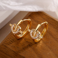 Brass Micro Pave Clear Cubic Zirconia Hoop Earrings, Cross, Real 18K Gold Plated, 15x12mm(PW-WG3D48F-03)