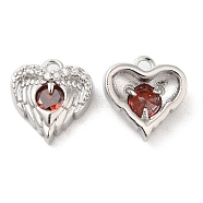 Brass & Glass & Cubic Zirconia Charms, Heart Wing Charm, Real Platinum Plated, Orange Red, 11x10.5x4mm, Hole: 1.2mm(KK-G468-54P-02)