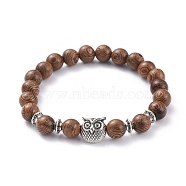 Unisex Stretch Bracelets, with Tibetan Style Alloy Beads and Wood Beads, Owl, Antique Silver, 2-1/8 inch(5.5cm)(BJEW-JB04705-06)