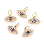 Brass Micro Pave Cubic Zirconia Charms, with Jump Rings, Evil Eye, Colorful, Golden, 7x12x3mm, Hole: 3mm(ZIRC-L070-46G)
