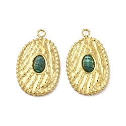 Natural Malachite Pendants, Faceted Oval Charms, with Vacuum Plating Real 18K Gold Plated 201 Stainless Steel Findings, 23.5x15x3mm, Hole: 1.6mm(STAS-J401-VC697)