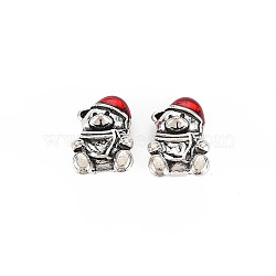 Rack Plating Alloy Enamel European Beads, Large Hole Beads, Cadmium Free & Nickel Free & Lead Free, Bear, Antique Silver, Red, 14x9x7.5mm, Hole: 4.5mm(MPDL-N039-141)