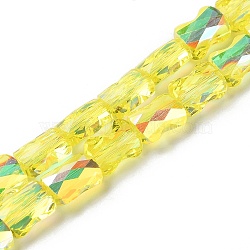 Transparent Electroplate Glass Beads Strands, AB Color Plated, Faceted, Bamboo, Yellow, 7.6x5.5~6x4mm, Hole: 1.4mm, about 72pcs/strand, 21.85''(55.5cm)(GLAA-Q099-J01-06)