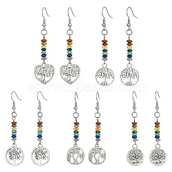 Alloy Tree of Life Dangle Earrings, Synthetic & Natural Mixed Gemstone Beaded Long Drop Earrings for Women, Mixed Shapes, 62~63x15~16.5mm(EJEW-JE05462)