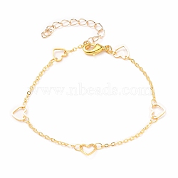 Brass Cable Chain Bracelets, with Heart Links and Lobster Claw Clasps, Golden, 7-3/8 inch(18.7cm)(BJEW-JB05654)